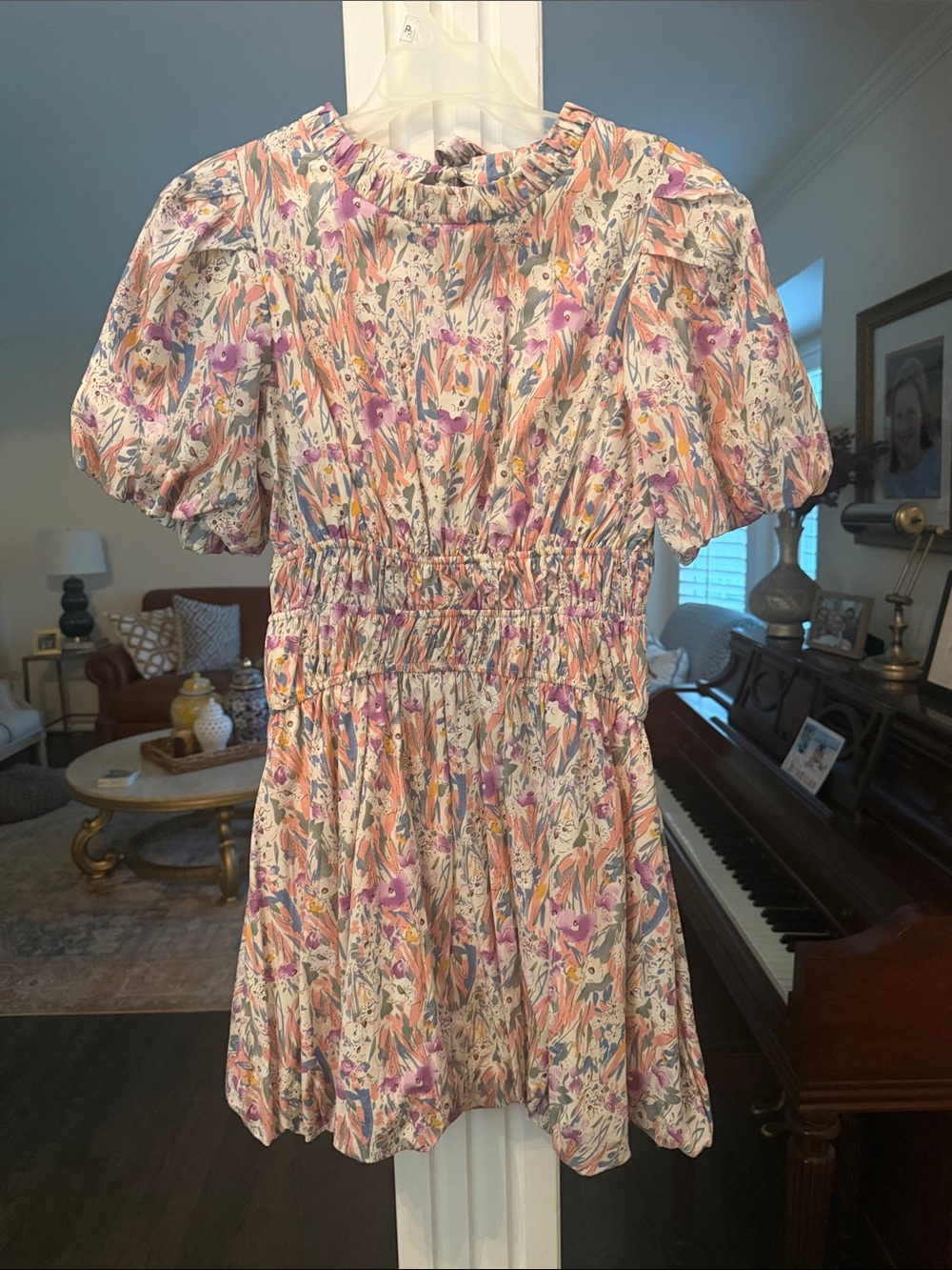 Smocked Waist Floral Mini Dress in Cream & Purple